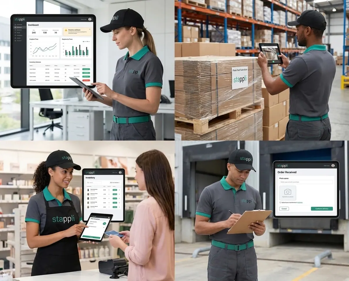 Stappli staff using the app across store, warehouse, and delivery - dashboard, photo proof, inventory, and order confirmation screens